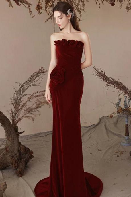 Luxurious Velvet Mermaid Burgundy Long Prom Dress, Burgundy Evening Dress Homecoming Party Dress Banquet Dress