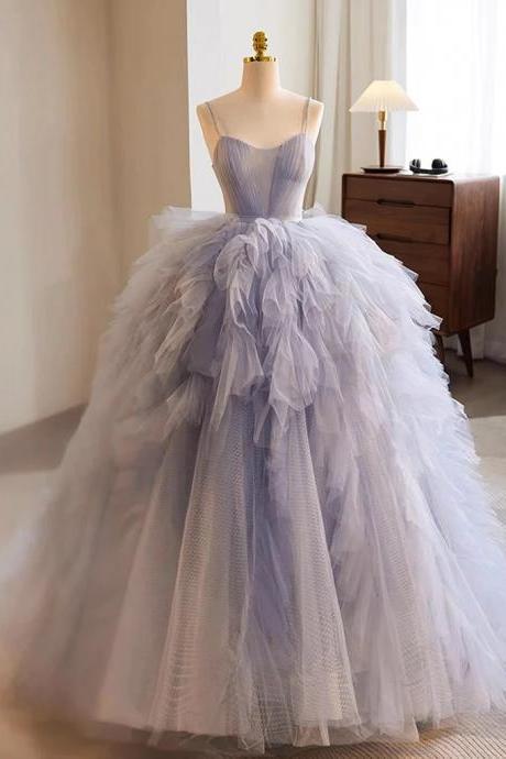 Fashion Blue Tulle Long Prom Gown, Blue Tulle Long Sweet Dress Homecoming Party Dress Banquet Dress