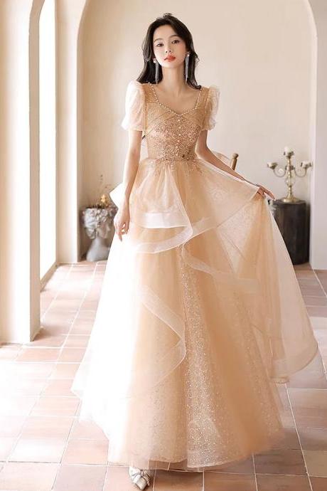 A-line Champagne Sweetheart Princess Gown Neckline Off Shoulder Tulle Long Ball Gown Party Gown Banquet Gown Evening Gown