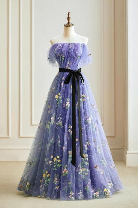 Off-shoulder High Neck Princess A-line Tulle Lace Purple Long Prom Dress, Purple Long Formal Dress Long Formal Dress Party Dress Banquet Dress