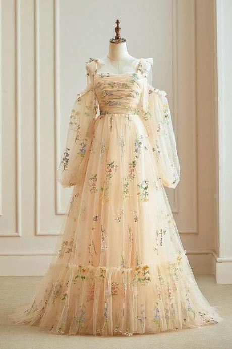 Style Adjustable Tulle Shoulder Strap A-line Champagne Color Small Flower Tulle Lace Long-sleeved Ball Gown Champagne Color Long Evening Gown