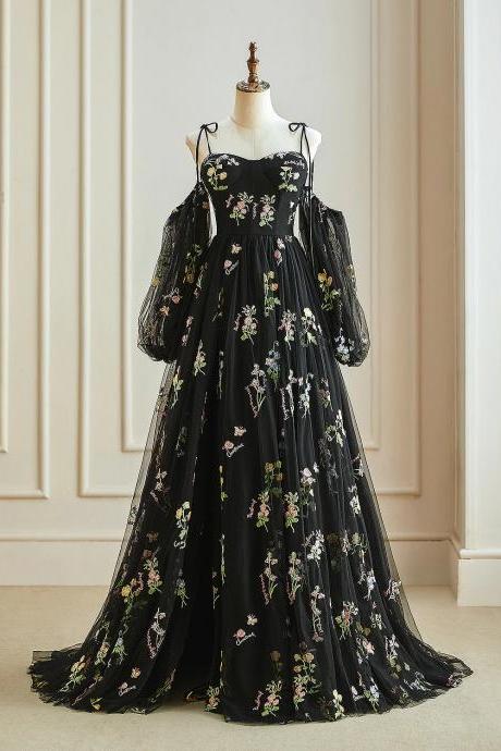 Detachable Black Lace Cherry Blossom Tulle Long Sleeve A Line Black Floral Tulle Lace Long Sleeve Ball Gown Black Long Evening Gown Party Dress