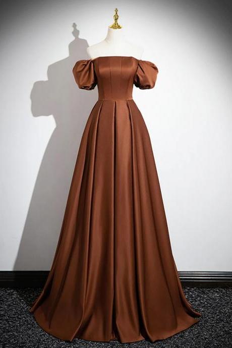 Brown Puff Sleeves Showing A-line Satin Long Prom Dress Brown Long Formal Dress