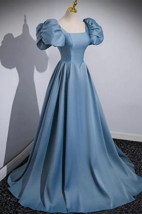 Prom Dress A Line Puff Sleeve Satin Blue Blue Long Dress Party Dress Banquet Dress Special Occasion Dress