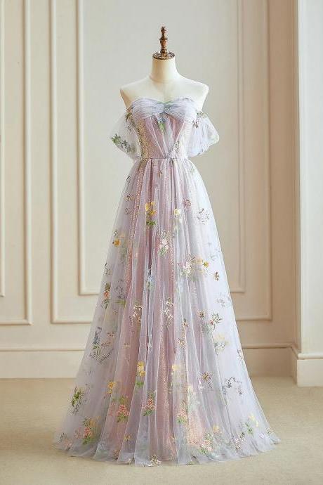 Sequin Purple Lace Embroidery Long Prom Dress, Purple Sequin Long Evening Dressa-line Off Shoulder Tulle Lace Dress