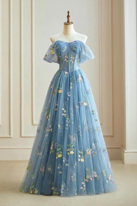 Off Shoulder Sweetheart Neckline Blue A Line Tulle Lace Long Ball Gown Party Dress Princess Blue Lace Long Gown
