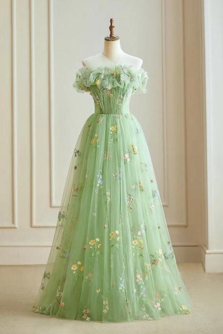 A Line Off Shoulder Tulle Embroidered Lace Green Long Ball Gown Green Lace Long Formal Gown Party Dress Banquet Gown