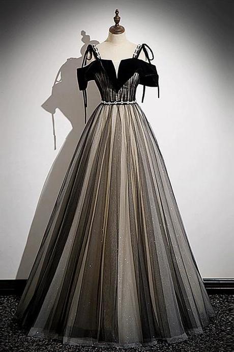 Prom Dress Elegant A-line Tulle Black Long Prom Dress, Black Long Formal Dress Evening Dress Party Dress Banquet Dress