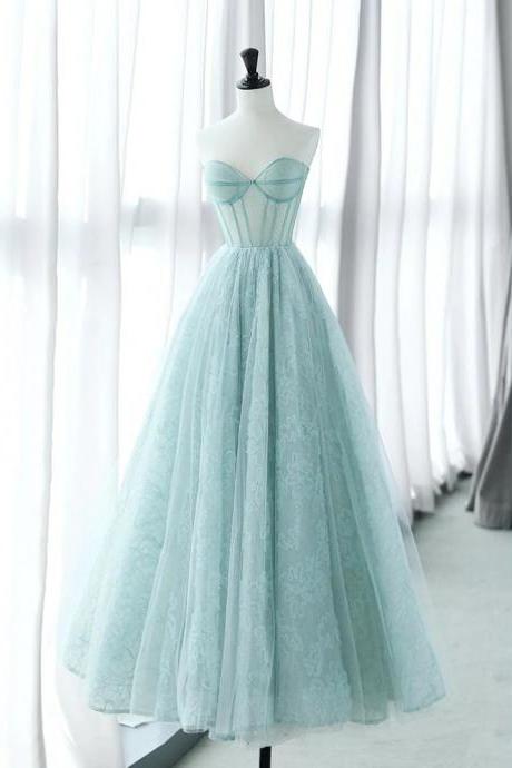 Lace Blue Long Prom Dress A-line Sweetheart Neckline Tulle Blue Long Formal Dress