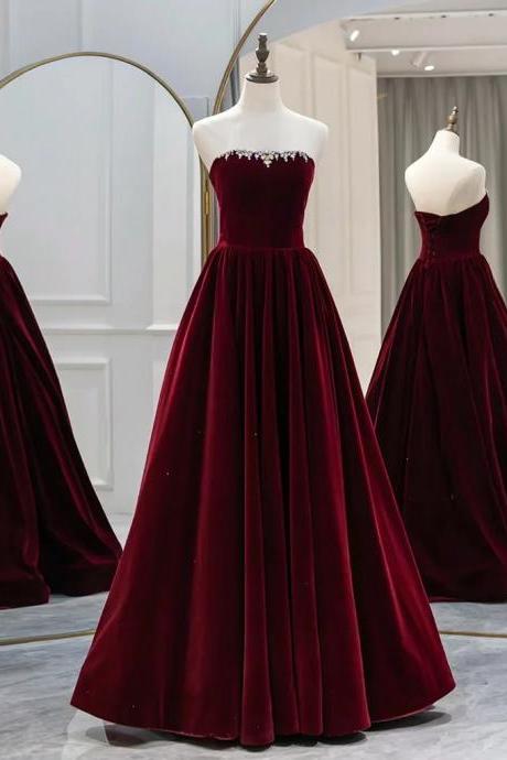 Long Sleeve A-line Long Sleeve Velvet Burgundy Ball Gown, Burgundy Beaded Long Evening Gown