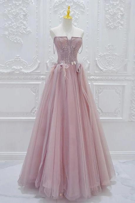 A-line Tulle Lace Pink Long Prom Dress, Pink Tulle Lace Long Formal Dress Prom Dress Evening Dress Party Dress