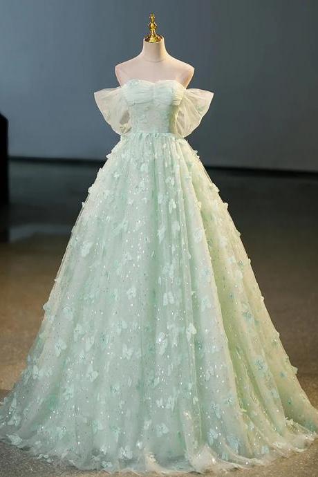 Green Tulle A-line Lace Long Prom Dress, Green Lace Long Sweet Dress Prom Dress Evening Dress Party Dress