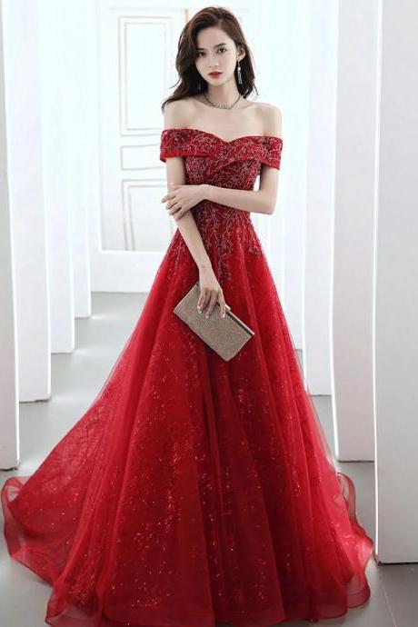 Tulle A-line Lace Burgundy Off Shoulder Tulle Long Prom Dress Burgundy Formal Dress