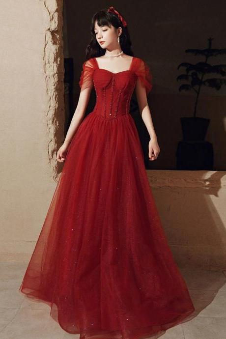 Simple Burgundy Tulle Off Shoulder Prom Dress Tulle Evening Dress Sweet Dress Prom Dress Evening Dress Party Dress