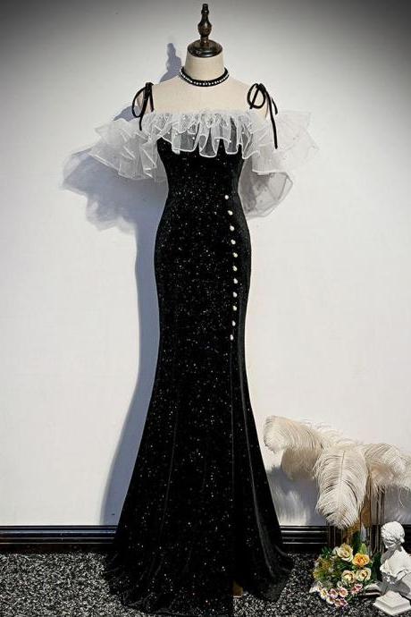 A-line Black Mermaid Long Prom Dress, Black Evening Dress Long Prom Dress