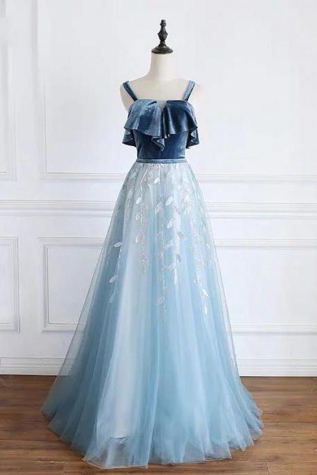 Blue Tulle Lace Long Prom Dress, Blue Tulle Long Evening Dress Sweet Dress Prom Dress Evening Dress Party Dress