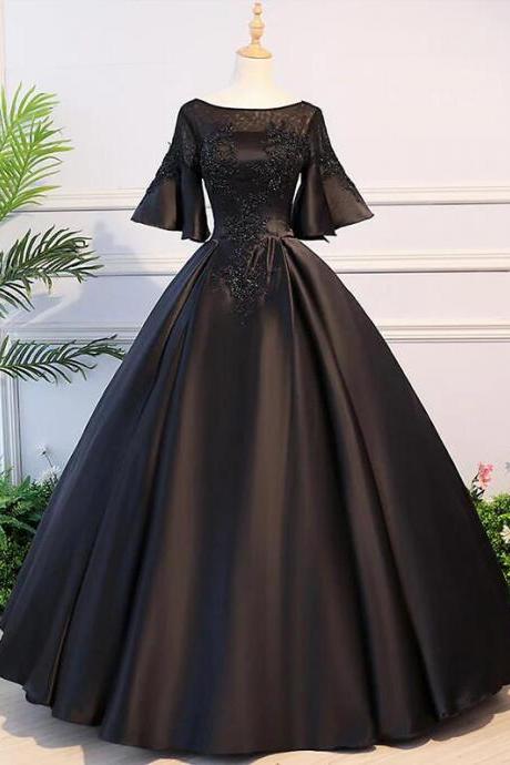 Black Round Neck Satin Lace Long Prom Dress, Evening Dresses