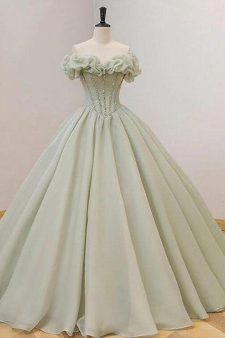 Ball Gown Green Long Prom Dress, Green Formal Sweet Dress With Beading
