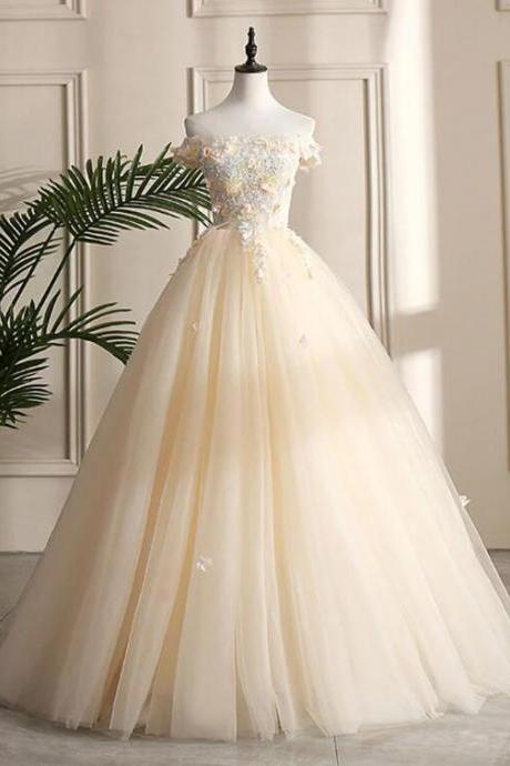 Champagne Tulle Off Shoulder Lace Long Prom Dress