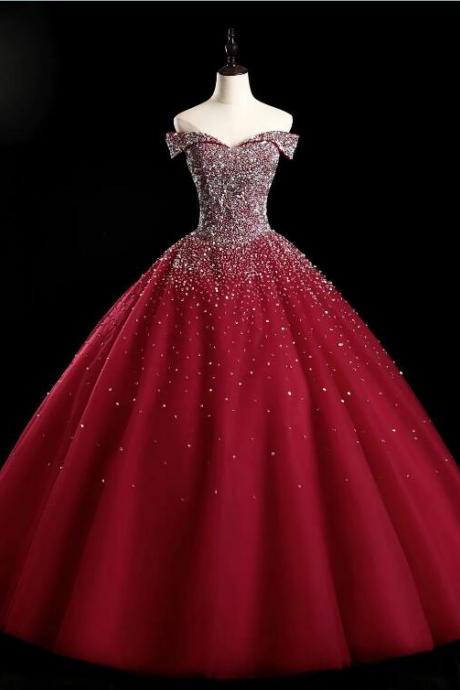Burgundy Off Shoulder Tulle Sequin Long Prom Dress,