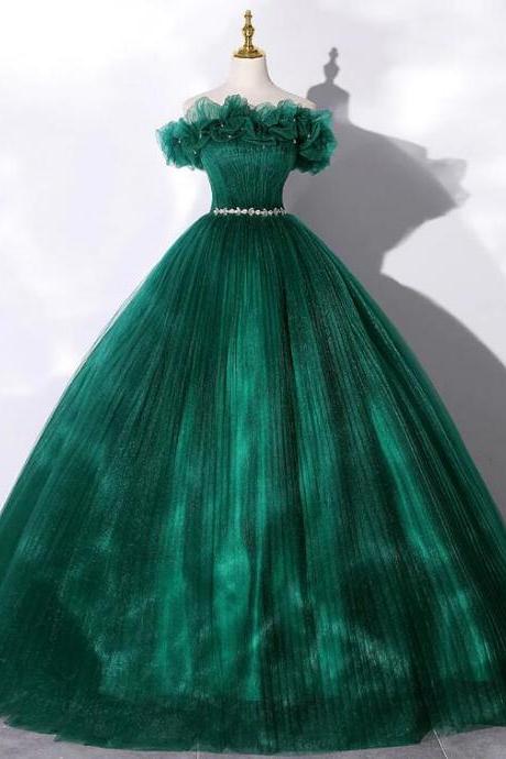 Green Off Shoulder Tulle Long Prom Dress,