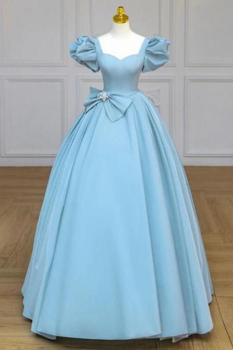 Blue Satin Puff Sleeves Long Prom Gown,
