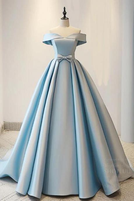 A-line Off Shoulder Satin Blue Long Prom Dress, Blue Long Evening Dress