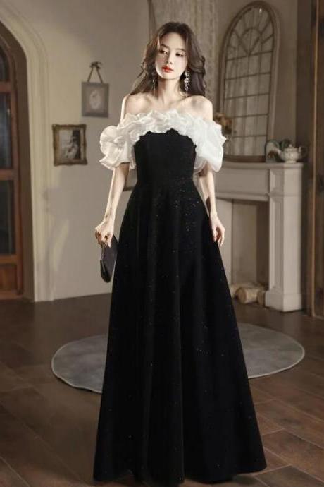 A-line Off Shoulder Velvet Black Long Prom Dress, Black Long Evening Dress