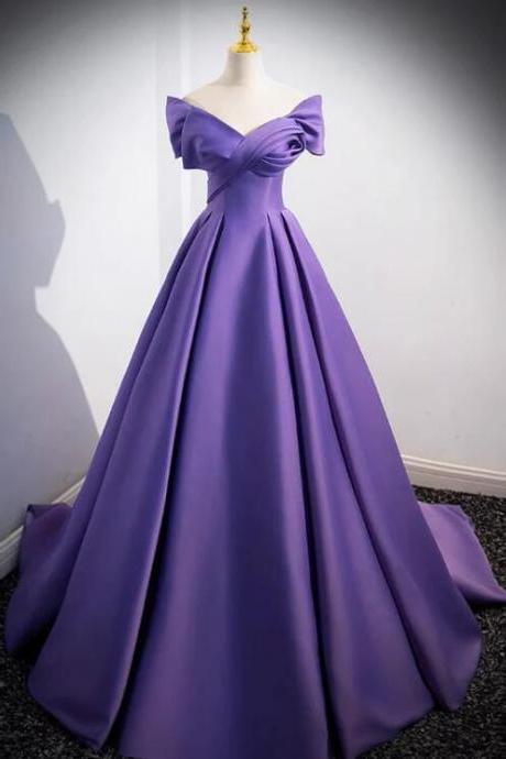 A-line Off Shoulder Satin Purple Long Prom Dress, Purple Long Evening Dress
