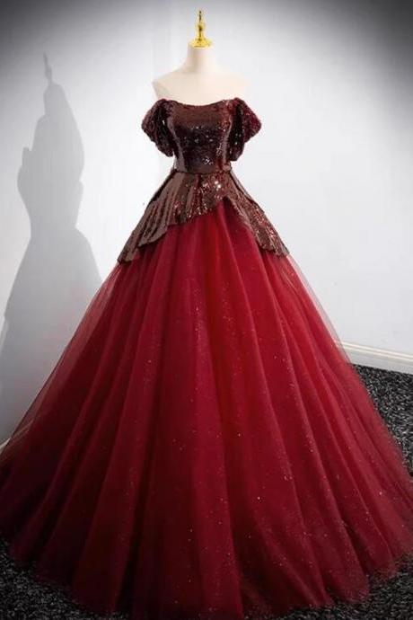 A-line Tulle Sequin Burgundy Long Prom Dress, Off Shoulder Burgundy Formal Dress