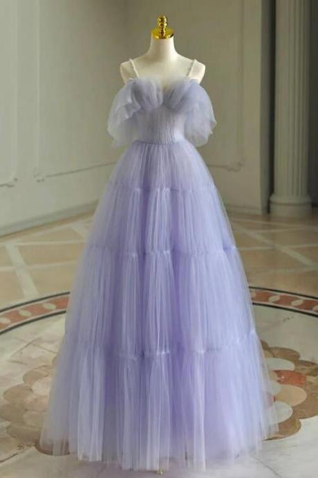 A-line Tulle Purple Long Prom Dress, Purple Long Graduation Dress