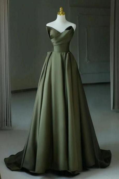 A-line V Neck Satin Green Long Prom Dress, Green Long Evening Dress