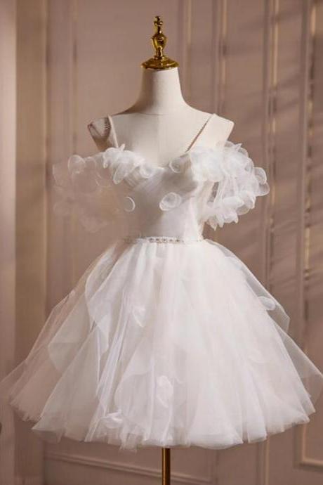 A-line Off Shoulder Tulle White Short Prom Dress, Cute White Homecoming Dress
