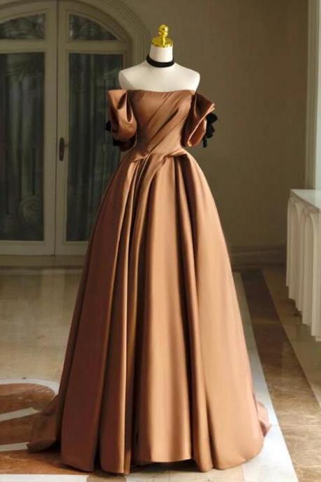 Simple A-line Satin Brown Long Prom Dress, Brown Long Formal Dress