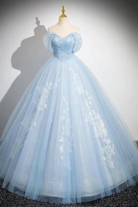 A-line Tulle Lace Blue Long Prom Dress, Off Shoulder Blue Long Prom Dress