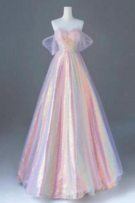 Pink Sweetheart Neck Tulle Sequin Long Prom Dress, Pink Long Graduation Dress