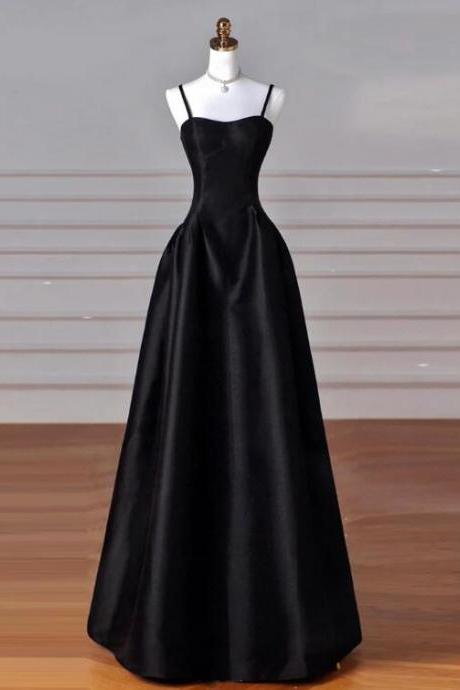 A-line Satin Black Long Prom Dress, Black Long Evening Dress