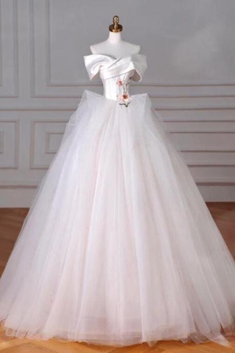 A-line Off Shoulder Tulle Beige Long Prom Dress, Beige Tulle Long Formal Dress