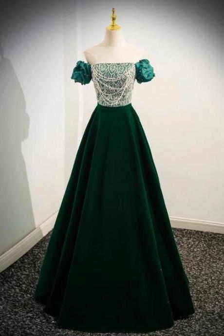 A-line Velvet Sequin Beads Green Long Prom Dress, Velvet Green Long Formal Dress