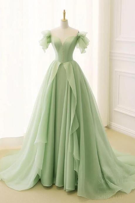 A-line Organza Green Long Prom Dress, Green Long Graduation Dress