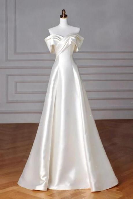 A-line Off Shoulder Satin Beige Long Prom Dress, Beige Long Formal Dress