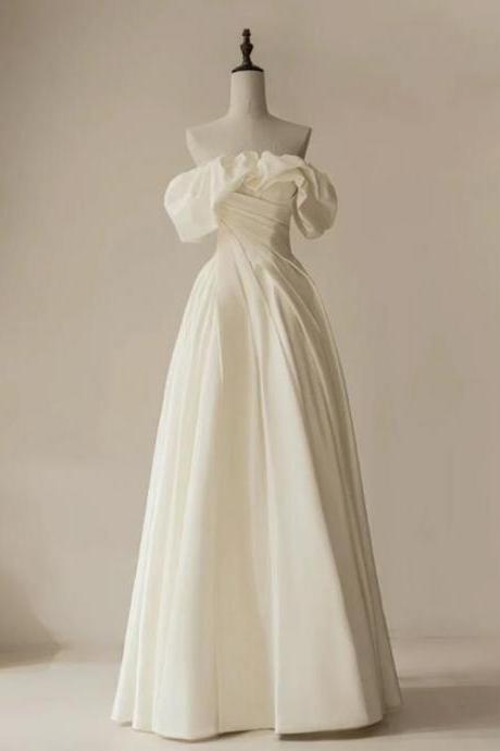 A-line Off Shoulder Ivory Satin Long Prom Dress, Ivory Long Formal Dress