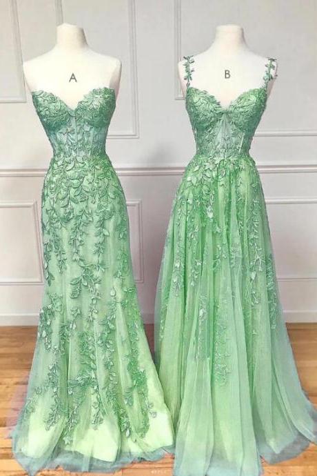 A-line Tulle Lace Green Long Prom Dress, Green Lace Long Graduation Dress