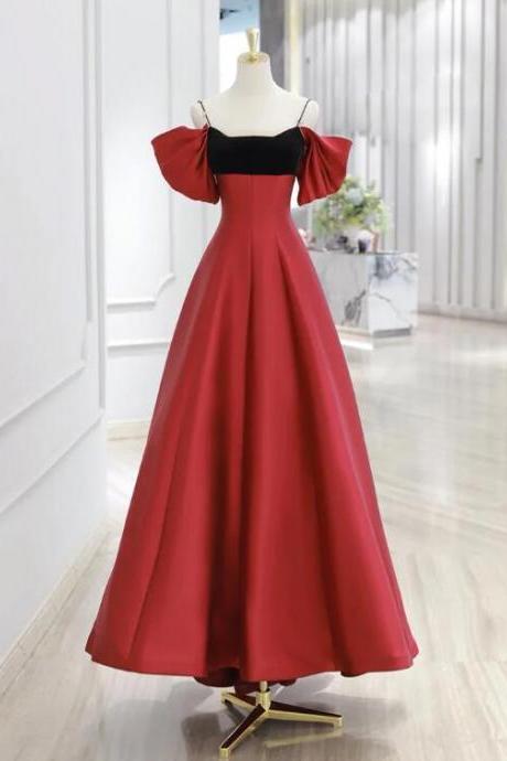 A-line Off Shoulder Satin Dark Red Long Prom Dress, Red Long Formal Dress
