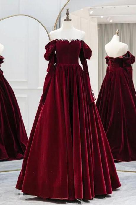 A-line Long Sleeves Velvet Burgundy Long Prom Dress, Burgundy Long Evening Dress With Beads