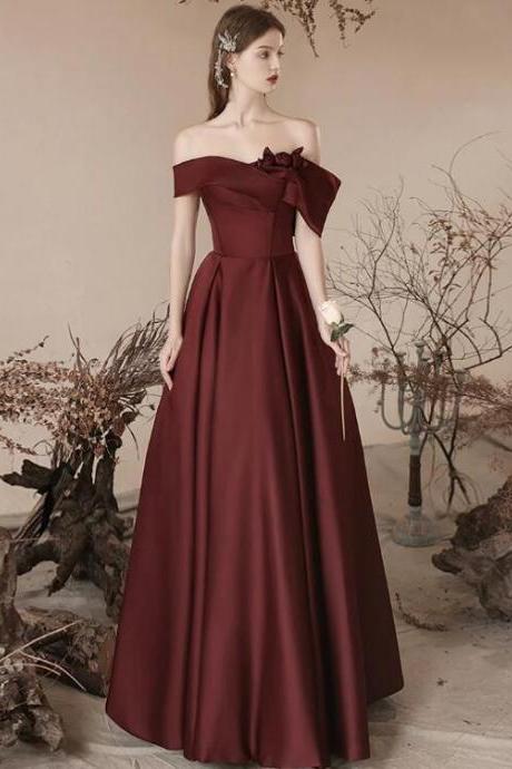 A-line Off Shoulder Satin Dark Burgundy Long Prom Dress, Satin Long Formal Dress