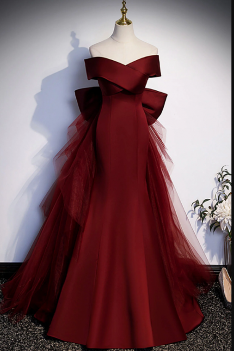 Burgundy Mermaid Long Prom Dress, Off The Shoulder V-neck Formal Evening Dress