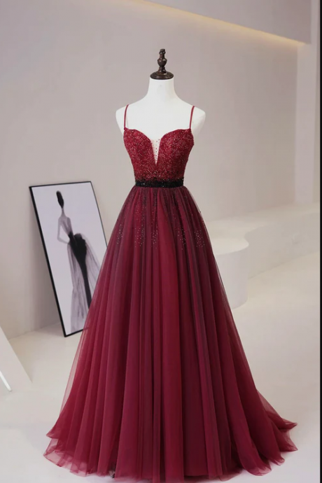 Burgundy Tulle Long Prom Dress With Beaded, Spaghetti Straps Evening Dress