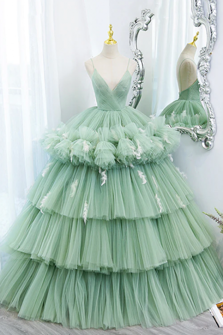 Green Tulle Long A-line Prom Dress, Green V-neck Formal Evening Gown