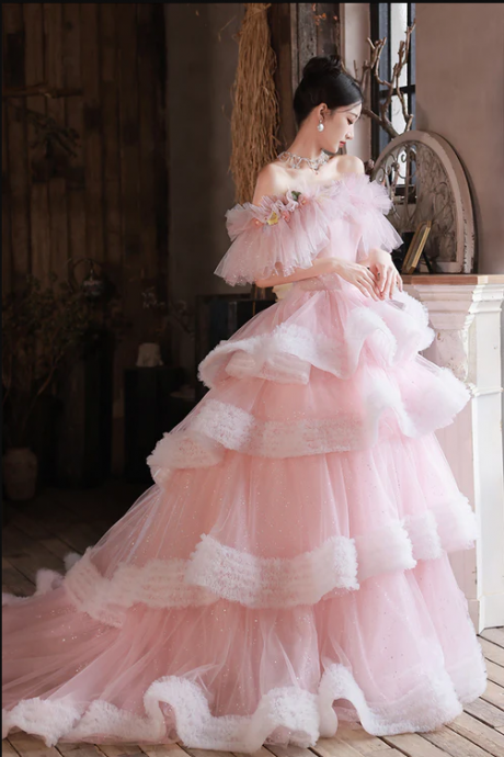 Pink Tulle Long A-line Prom Gown, Off The Shoulder Sweet 16 Dress